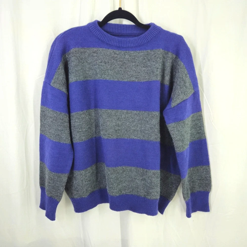 Vintage 90s Striped Pullover‎ Sweater Indigo Gray Long Sleeve Crew Neck Knit M/L